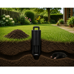 Piège à taupes GoGRIZO installé dans le sol du jardin